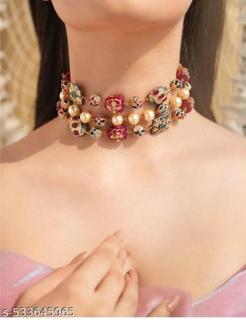 Gold and Red Beaded Choker Necklace - Women's Jewelry